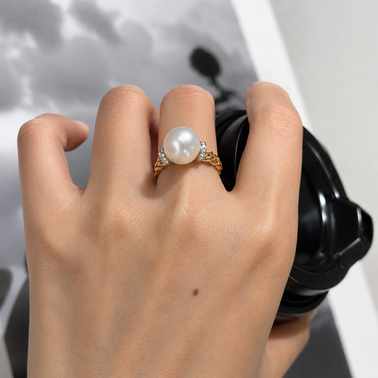 Twisted Diamond South Sea Pearl Ring