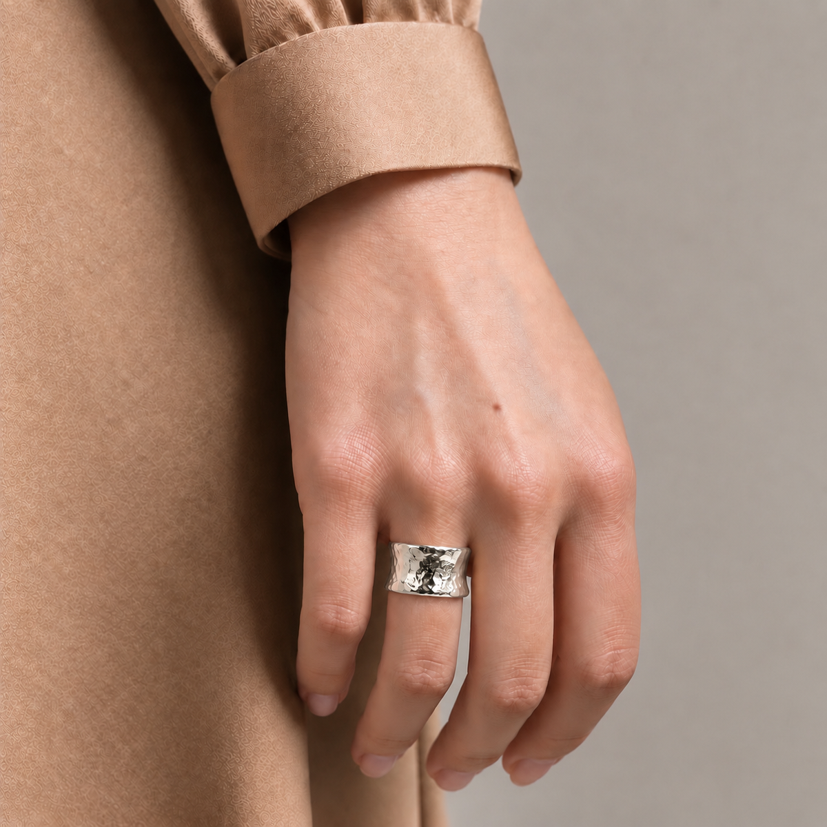 Organic Hammered Wide Sterling Silver Ring