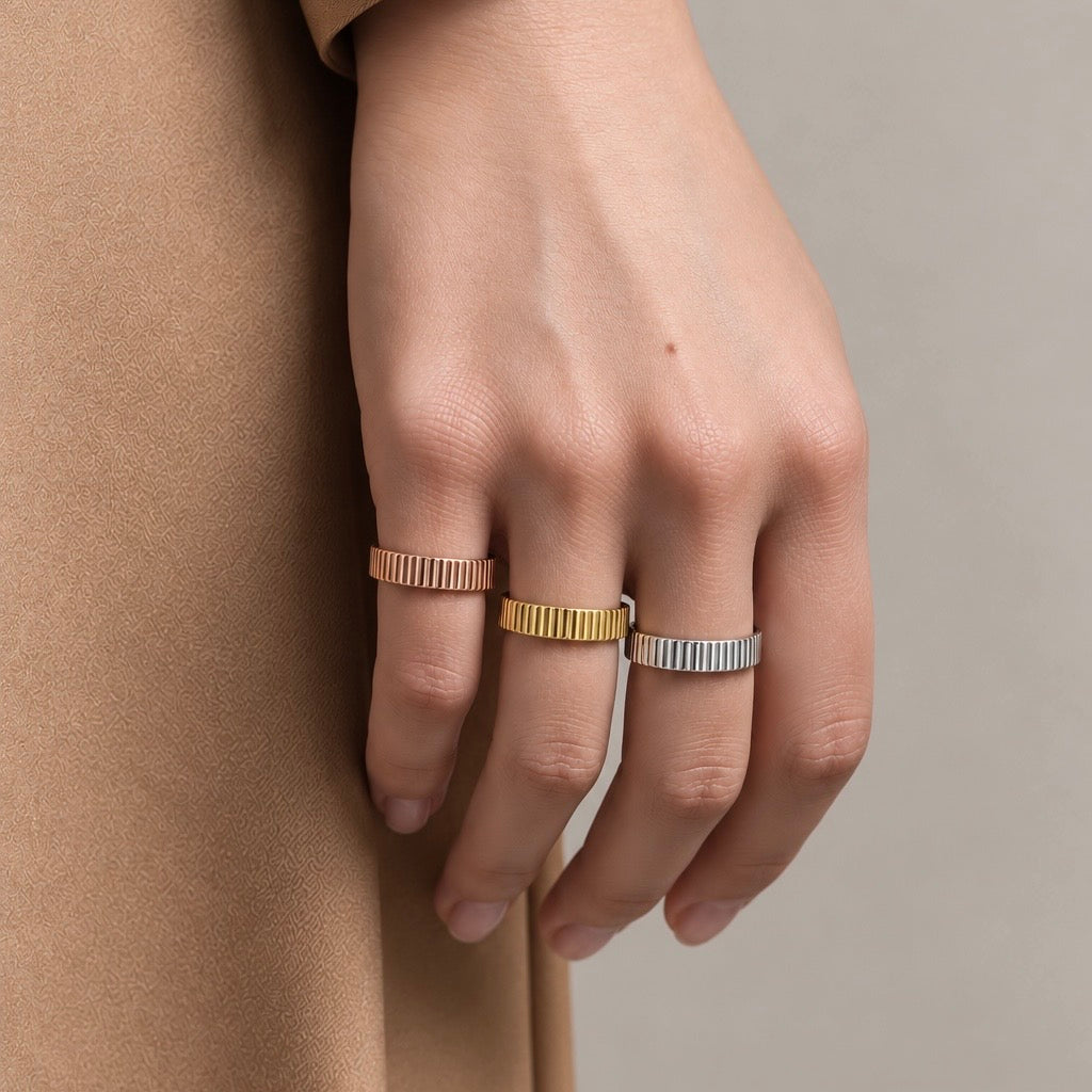 Gold Ribbed Sterling Silver Band